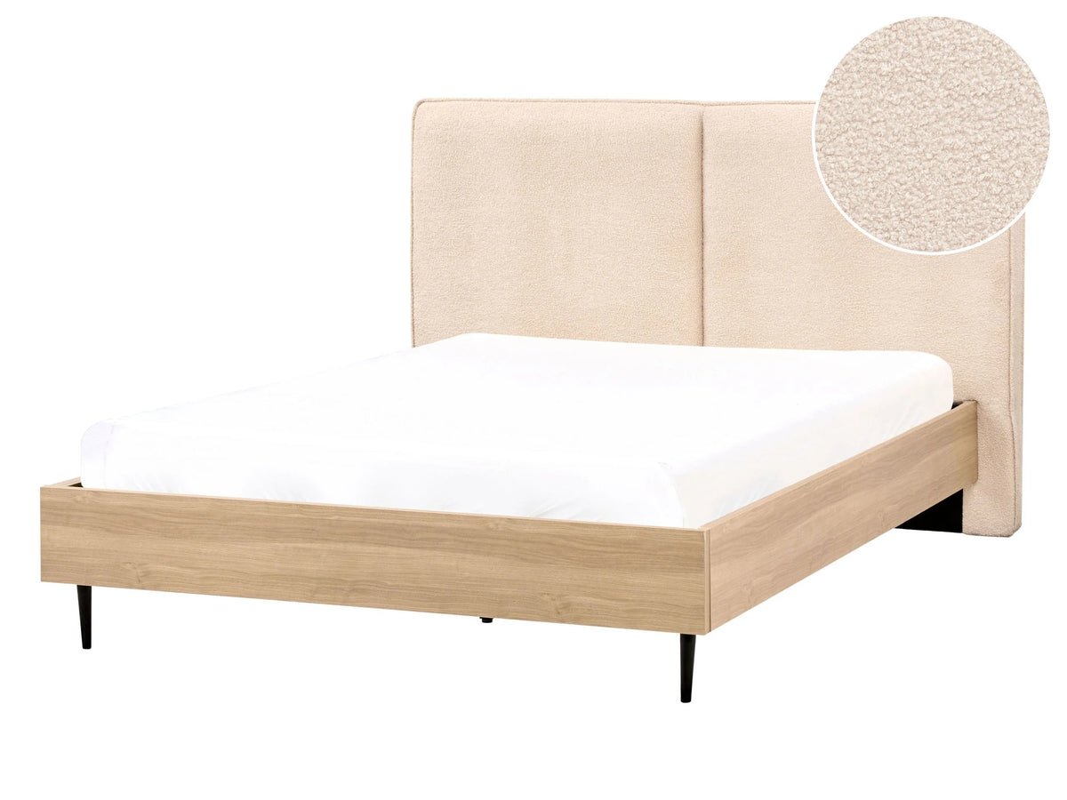Bed Frame Beige Fabric EU Double Size 4ft6 Upholstered Headboard MDF Frame Metal Legs Wooden Slatted Base Modern Style Bedroom Beliani