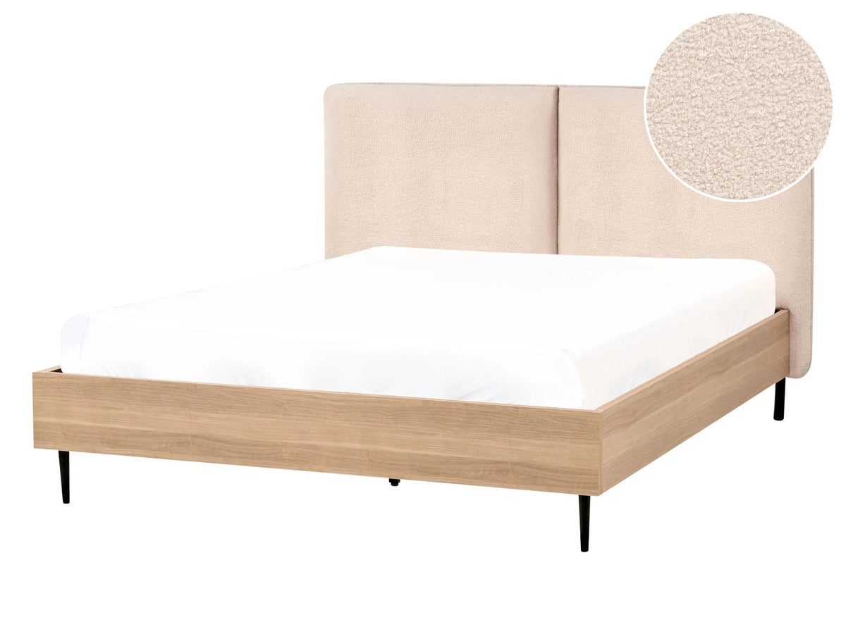 Bed Frame Beige Boucle EU Double Size Bed 4ft6 Upholstered Headboard Metal Legs Wooden Slatted Base Modern Style Bedroom Beliani