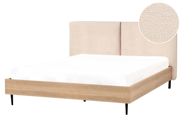 Bed Frame Beige Boucle EU King Size 5ft3 Upholstered Headboard Metal Legs Wooden Slatted Base Modern Style Bedroom Beliani