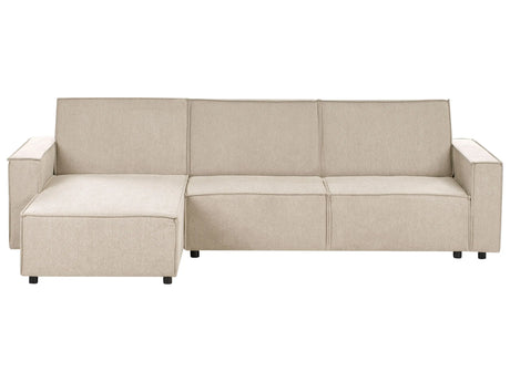 Corner Sofa Bed Beige Fabric Upholstered 3 Seater Right Hand L-Shaped Bed Beliani