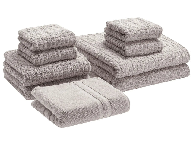 Set of 9 Towels Light Grey Cotton Low Twist Guest Hand Bath Towels and Bath Mat Beliani