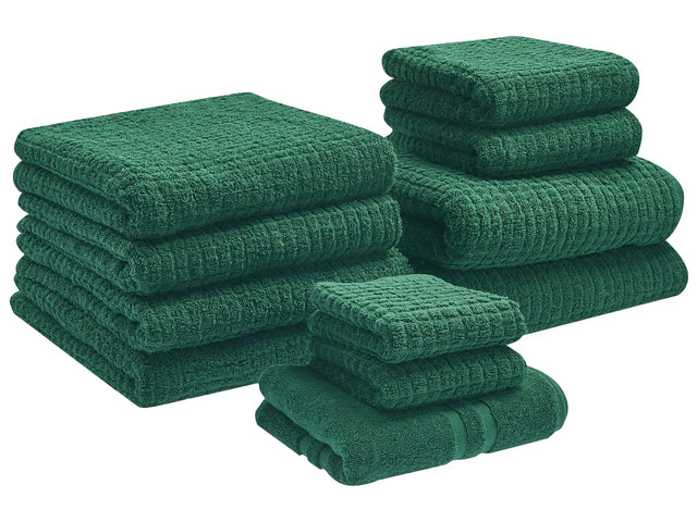 Set of 11 Towels Green  Cotton Low Twist Guest Hand Bath Towel Bath Sheet and Bath Mat Beliani