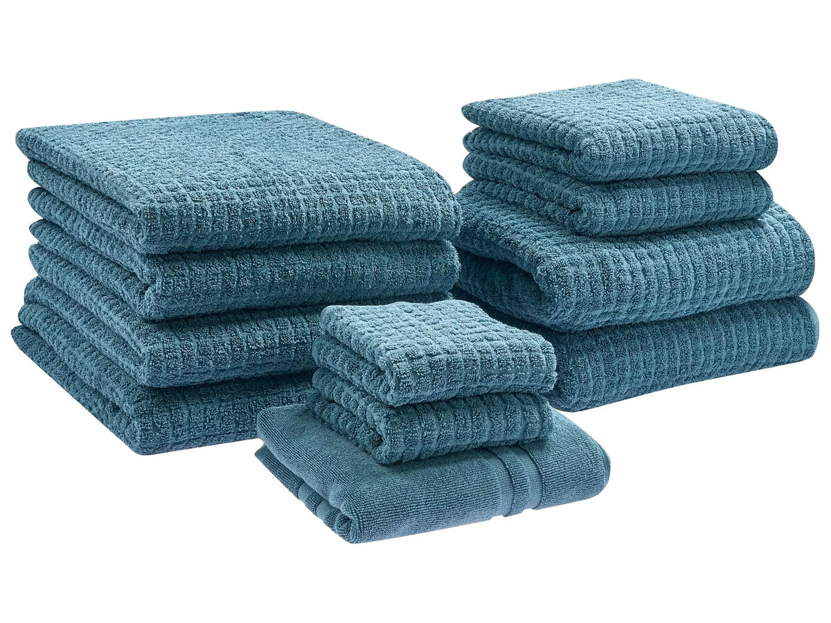 Set of 11 Towels Blue Cotton Low Twist Guest Hand Bath Towel Bath Sheet and Bath Mat Beliani