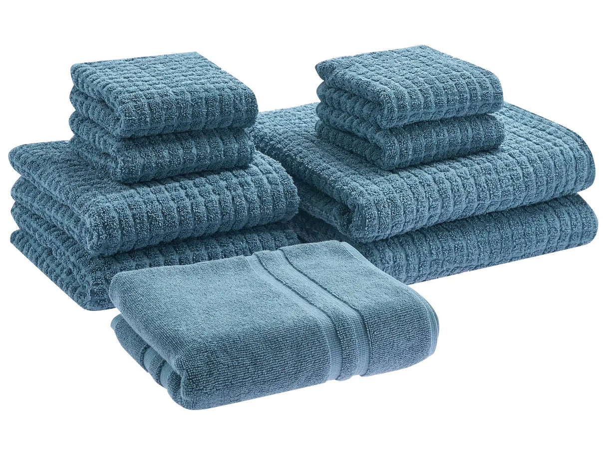 Set of 9 Towels Blue Cotton Low Twist Guest Hand Bath Towels and Bath Mat Beliani