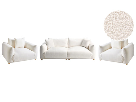 Boucle Sofa Set Off-White Upholstery 5 Seater with Scatter Cushions and Armchairs Living Room Set Beliani