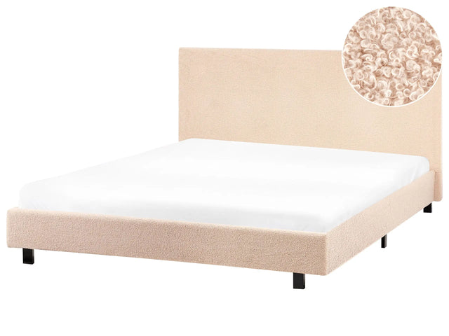 EU Double Size 4ft6 Waterbed Beige Boucle Upholstered with Mattress Headrest Modern Design Beliani