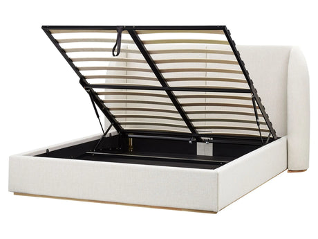 EU King Size Ottoman Bed Off-White Polyester Fabric Upholstery with Wide Headboard and Storage Beliani