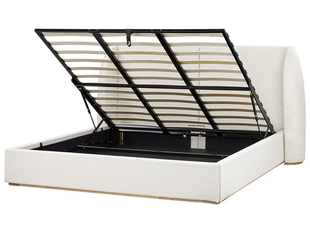EU Super King Size Ottoman Bed Off-White Polyester Fabric Upholstery with Wide Headboard and Storage Beliani