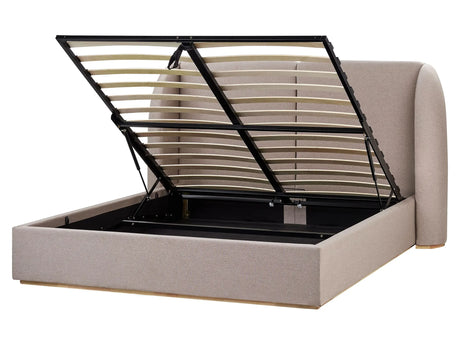 EU King Size Ottoman Bed Taupe Polyester Fabric Upholstery with Wide Headboard and Storage Beliani