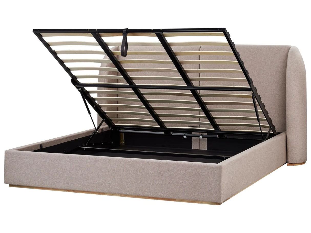 EU Super King Size Ottoman Bed Taupe Polyester Fabric Upholstery with Wide Headboard and Storage Beliani