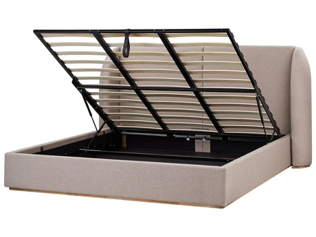 EU Super King Size Ottoman Bed Taupe Polyester Fabric Upholstery with Wide Headboard and Storage Beliani