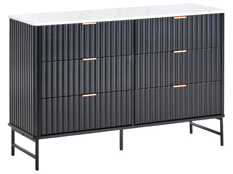 6 Drawer Chest Black MDF Metal Legs Marble Effect Top Fluted Design Front Modern Storage Unit Living Room Bedroom Beliani