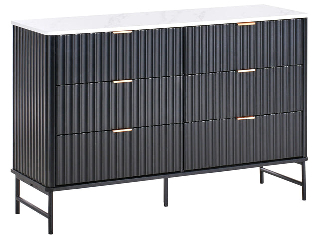 6 Drawer Chest Black MDF Metal Legs Marble Effect Top Fluted Design Front Modern Storage Unit Living Room Bedroom Beliani