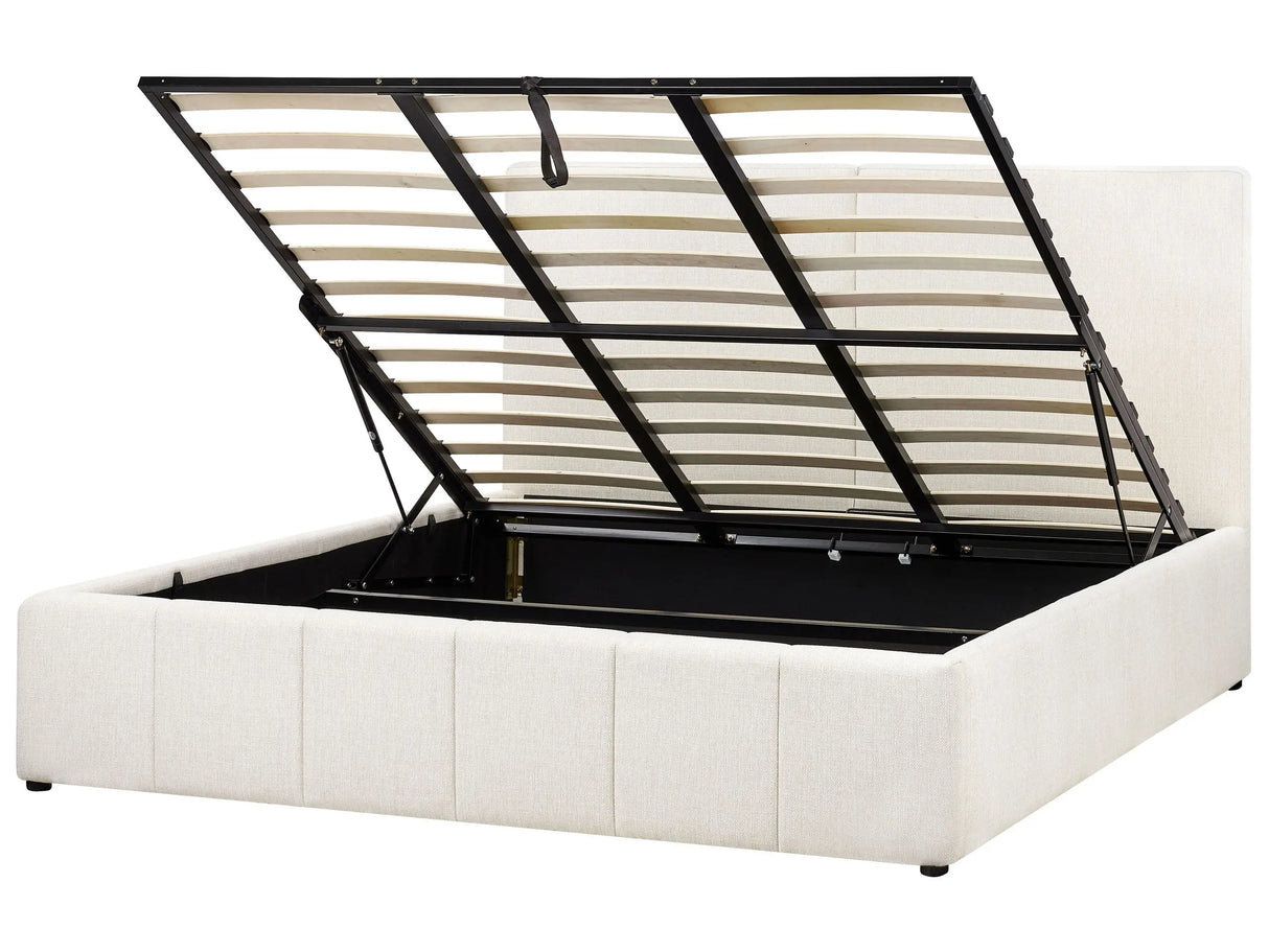 EU Super King Size Ottoman Bed Off-White Polyester Fabric Upholstery with Headboard Beliani