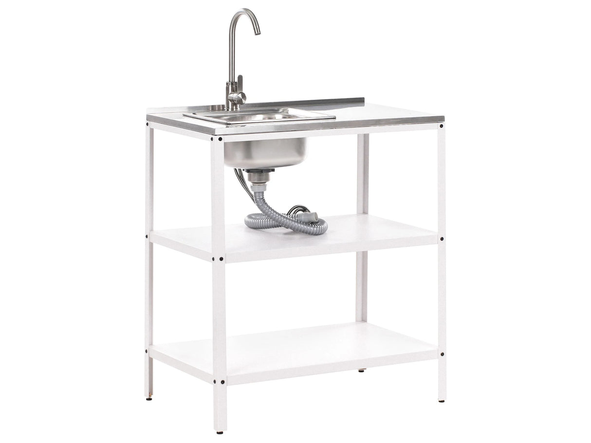 Outdoor Kitchen Island with Sink White Stainless Steel 80 x 50 x 92 cm Single Lever Spout 2 Shelves Unit with Top Garden Kitchen Dining Beliani
