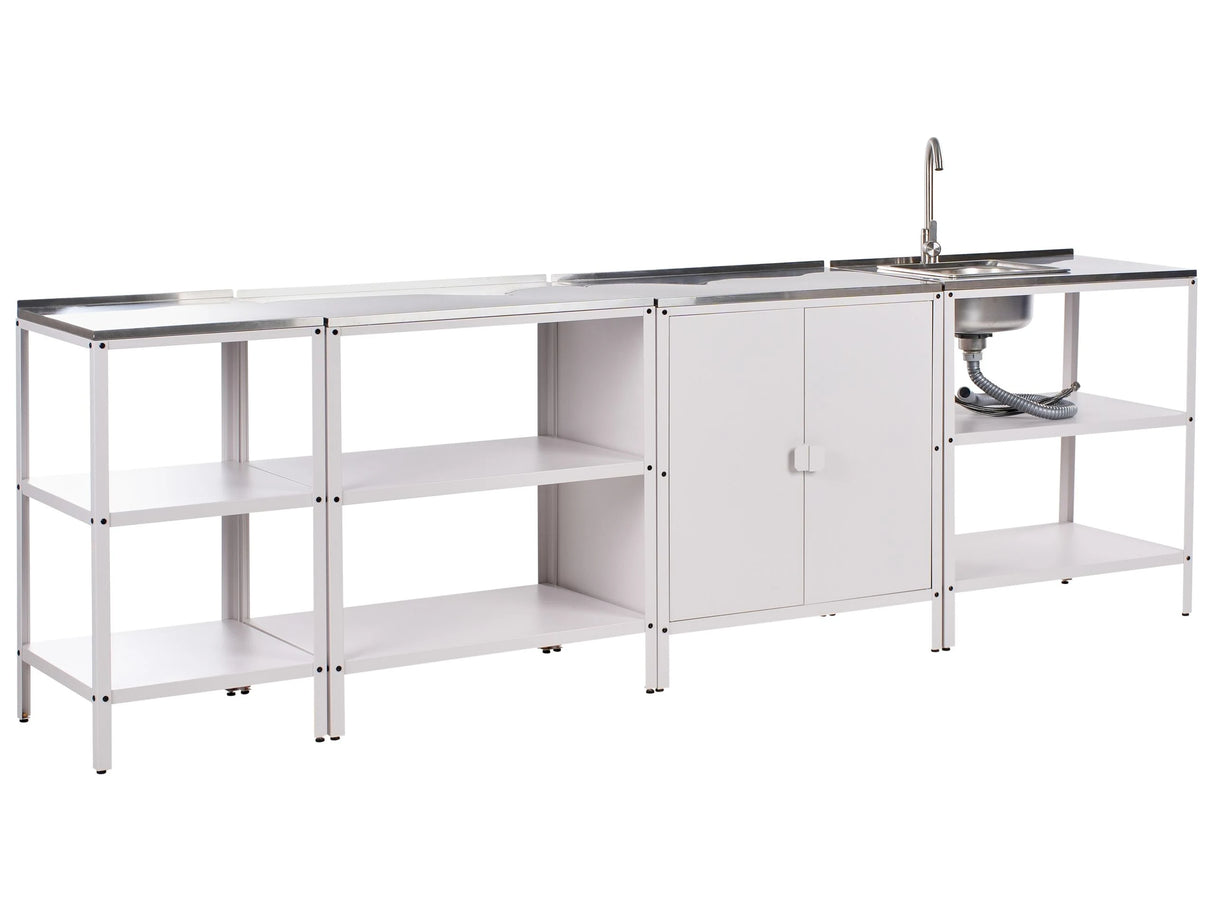 4 Piece Outdoor Kitchen Set White Stainless Steel 3 Kitchen Storage Island and Cabinet Sink Single Lever Outdoor Kitchen Cooking Station Beliani