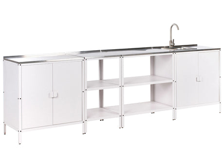 4 Piece Outdoor Kitchen Set White Stainless Steel 2 Kitchen Cabinets 2 Storage Islands Sink Single Lever Outdoor Kitchen Cooking Station Beliani