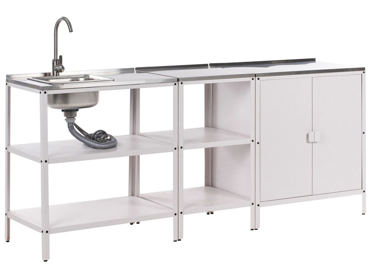 3 Piece Outdoor Kitchen Set White Stainless Steel 2 Storage Islands Cabinet Sink Single Lever Outdoor Kitchen Cooking Station Beliani