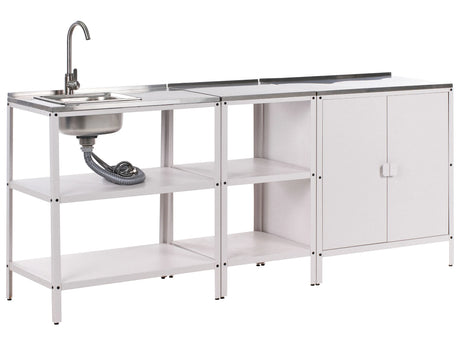 3 Piece Outdoor Kitchen Set White Stainless Steel 2 Storage Islands Cabinet Sink Single Lever Outdoor Kitchen Cooking Station Beliani