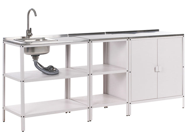 3 Piece Outdoor Kitchen Set White Stainless Steel 2 Storage Islands Cabinet Sink Single Lever Outdoor Kitchen Cooking Station Beliani