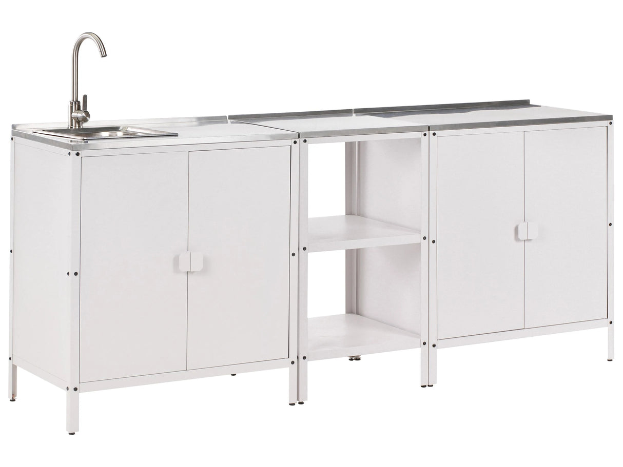 3 Piece Outdoor Kitchen Set White Stainless Steel 2 Kitchen Cabinet Storage Island Sink Single Lever Outdoor Kitchen Cooking Station Beliani
