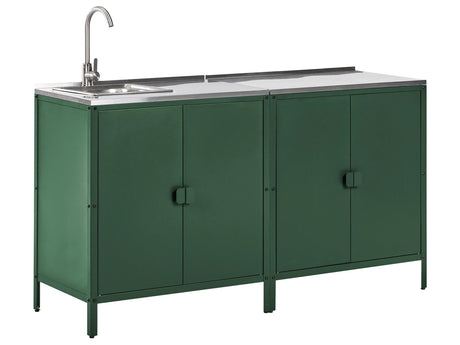 2 Piece Outdoor Kitchen Set Green Stainless Steel 2 Cabinets Sink Single Lever Outdoor Kitchen Cooking Station Beliani