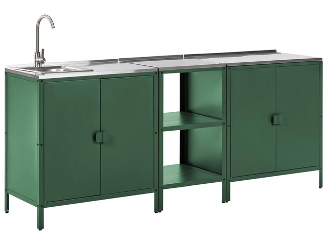 3 Piece Outdoor Kitchen Set Green Stainless Steel 2 Kitchen Cabinet Storage Island Sink Single Lever Outdoor Kitchen Cooking Station Beliani