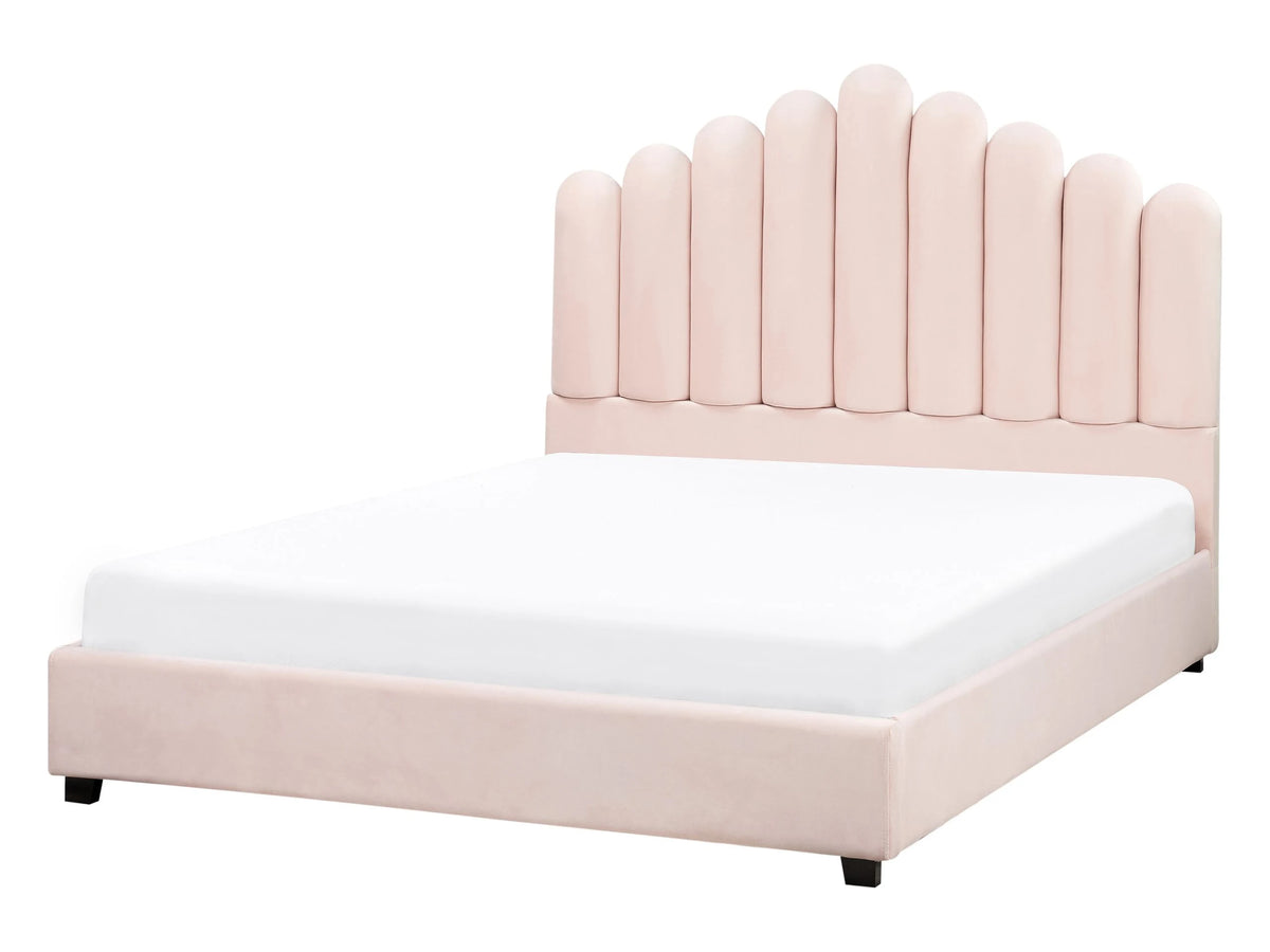 Bed Pastel Pink Velvet EU Double Size 4ft6 Sea Shell Headboard Slatted Base Beliani