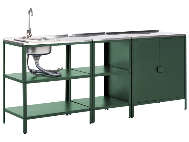 3 Piece Outdoor Kitchen Set Green Stainless Steel 2 Storage Islands Cabinet Sink Single Lever Outdoor Kitchen Cooking Station Beliani