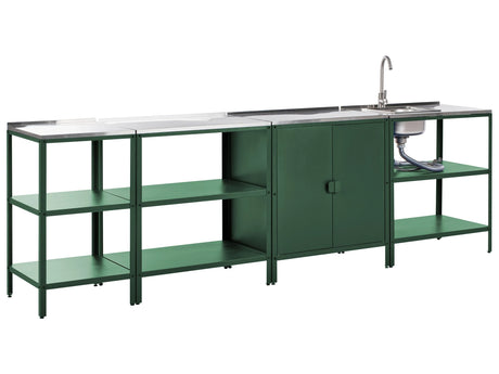 4 Piece Outdoor Kitchen Set Green Stainless Steel 3 Kitchen Storage Island and Cabinet Sink Single Lever Outdoor Kitchen Cooking Station Beliani