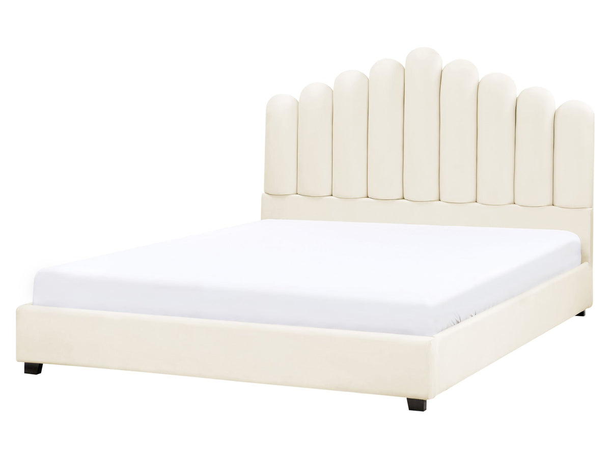 Bed Off-White Velvet EU King Size 5ft3 Sea Shell Headboard Slatted Base Beliani