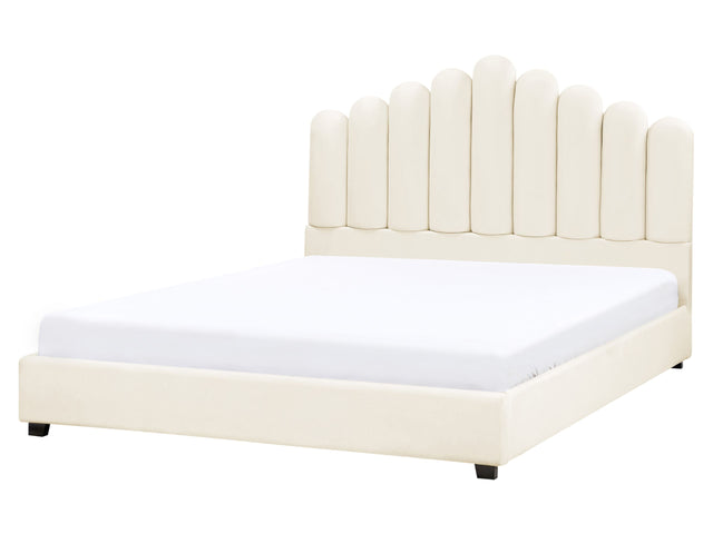 Bed Off-White Velvet EU King Size 5ft3 Sea Shell Headboard Slatted Base Beliani