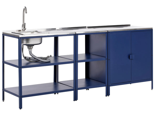 3 Piece Outdoor Kitchen Set Blue Stainless Steel 2 Storage Islands Cabinet Sink Single Lever Outdoor Kitchen Cooking Station Beliani