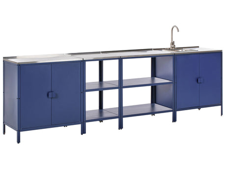4 Piece Outdoor Kitchen Set Blue Stainless Steel 2 Kitchen Cabinets 2 Storage Islands Sink Single Lever Outdoor Kitchen Cooking Station Beliani