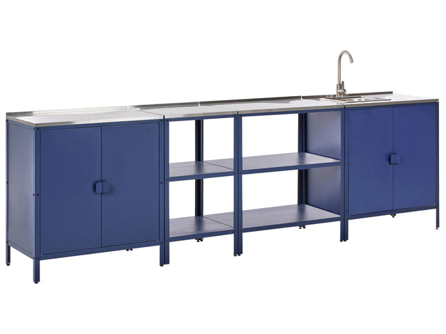 4 Piece Outdoor Kitchen Set Blue Stainless Steel 2 Kitchen Cabinets 2 Storage Islands Sink Single Lever Outdoor Kitchen Cooking Station Beliani