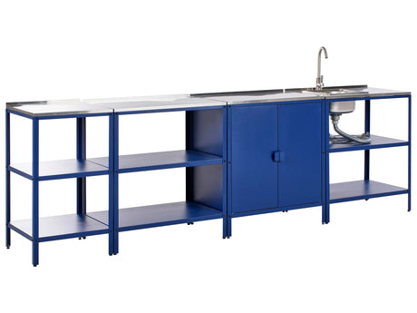 4 Piece Outdoor Kitchen Set Blue Stainless Steel 3 Kitchen Storage Island and Cabinet Sink Single Lever Outdoor Kitchen Cooking Station Beliani