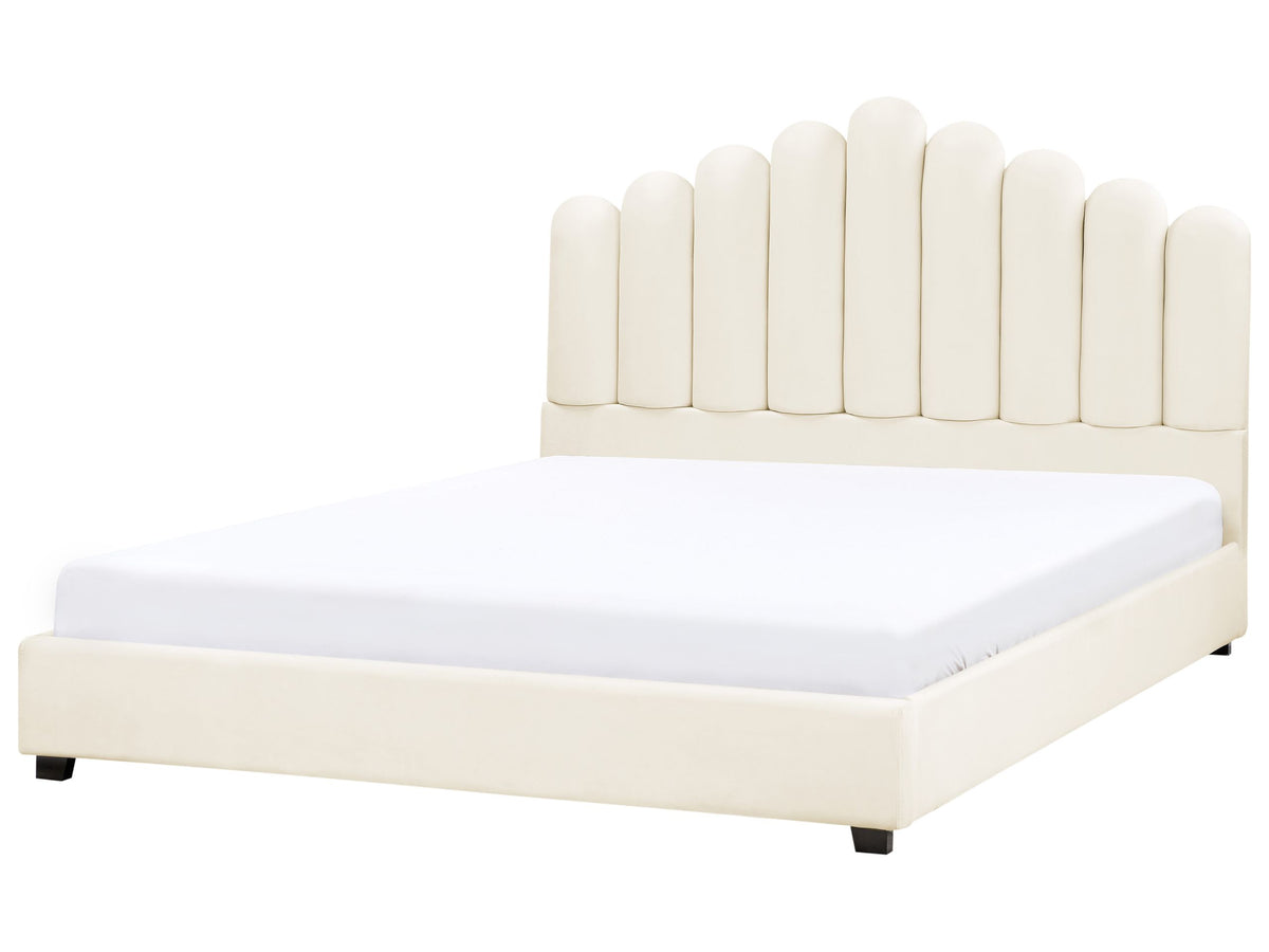 Bed Off-White Velvet EU Super King Size 6ft Sea Shell Headboard Slatted Base Beliani