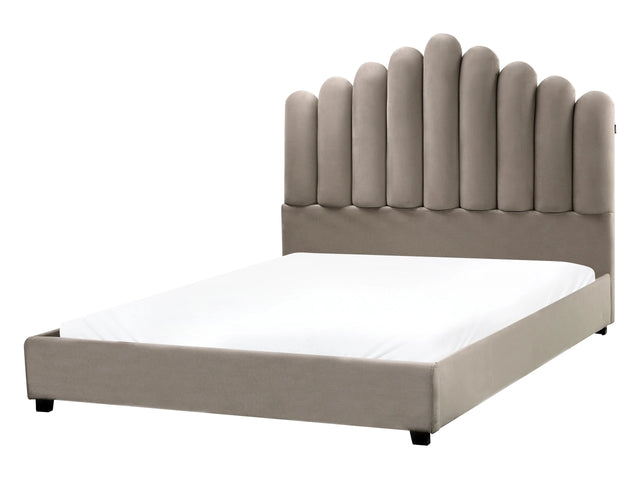 Bed Taupe Velvet EU Double Size 4ft6 Sea Shell Headboard Slatted Base Beliani