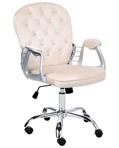 Office Chair Beige Velvet Gas Lift Height Adjustable Button with Tufted Backrest and Full Swivel Beliani