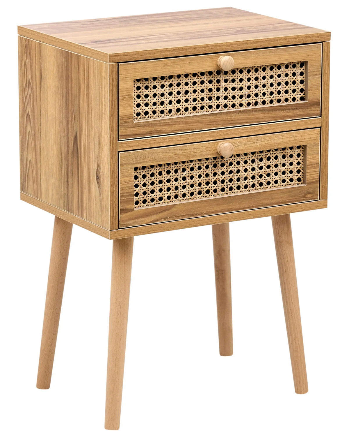 Bedside Table Light Brown MDF Veneer with Rattan Front Drawer with Viennese Braid Boho Style Nightstand Beliani