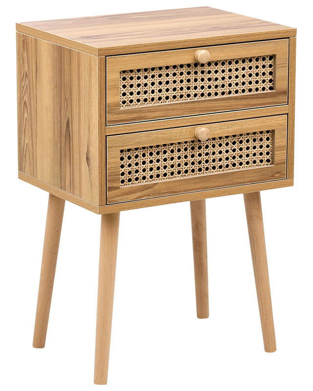 Bedside Table Light Brown MDF Veneer with Rattan Front Drawer with Viennese Braid Boho Style Nightstand Beliani