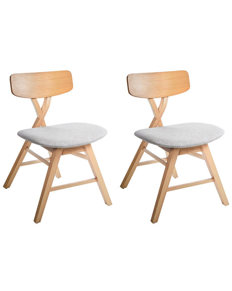 Set of 2 Dining Chairs Light Brown and Light Grey Polyester Rubber Wood Backrest and Frame Upholstered Seat Dining Room Beliani