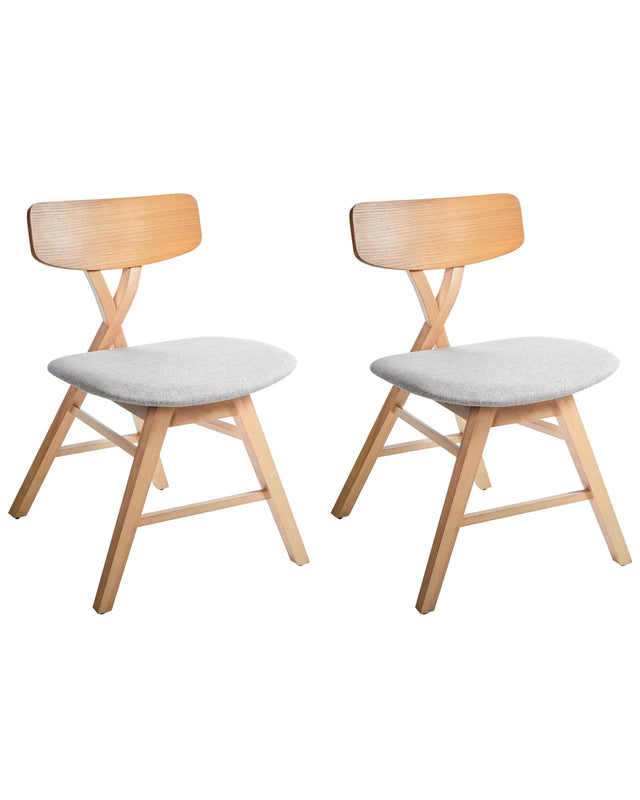 Set of 2 Dining Chairs Light Brown and Light Grey Polyester Rubber Wood Backrest and Frame Upholstered Seat Dining Room Beliani