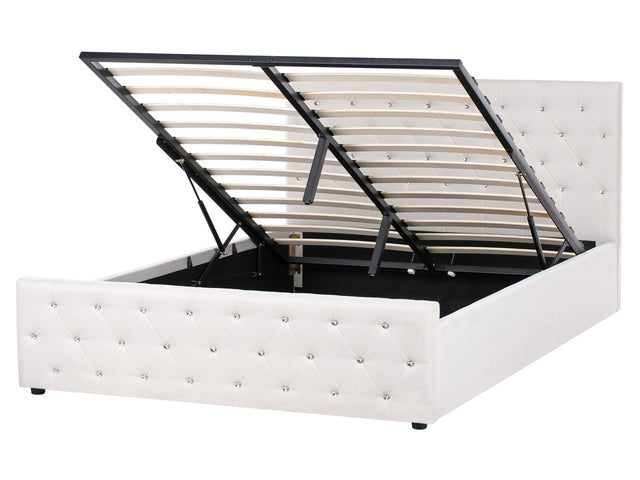 Bed Frame Beige Polyester Fabric Upholstery with Storage EU King Tufted Headboard Bedroom Furniture Beliani