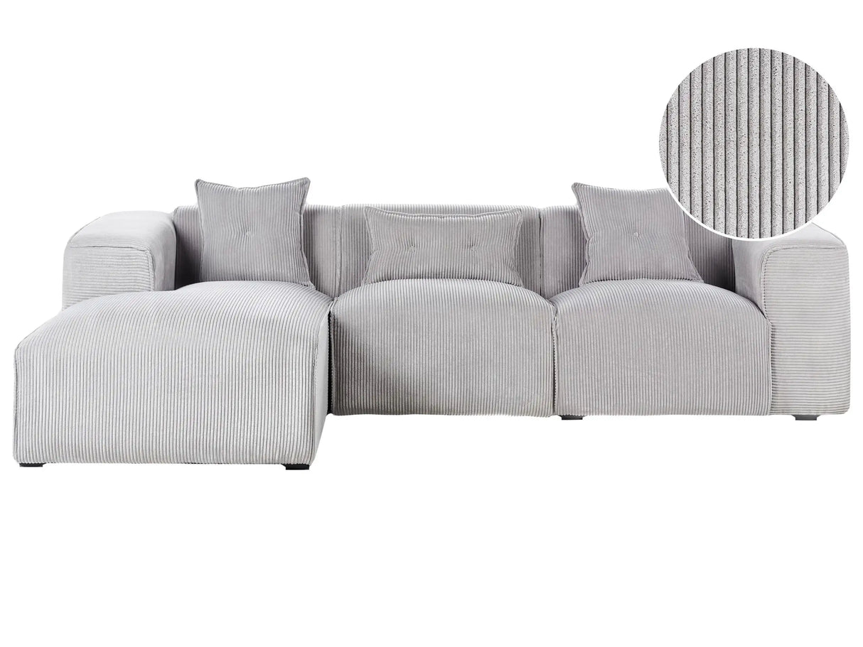 Right Hand Corner Sofa Light Grey Corduroy Upholstery 3 Seater Extra Scatter Cushions Modern Beliani