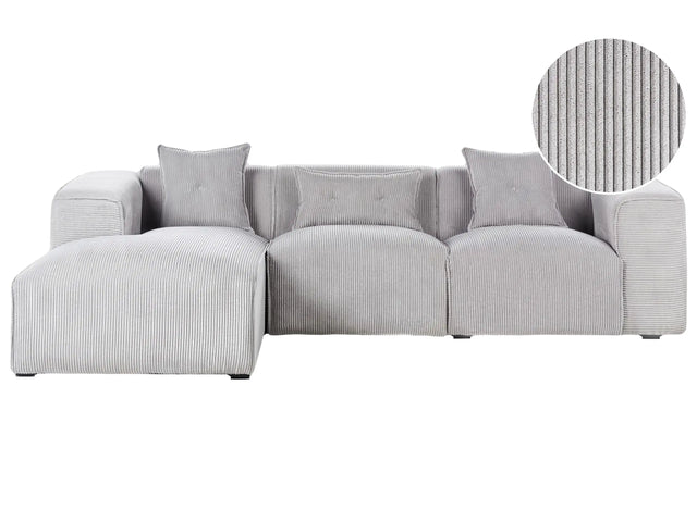 Right Hand Corner Sofa Light Grey Corduroy Upholstery 3 Seater Extra Scatter Cushions Modern Beliani