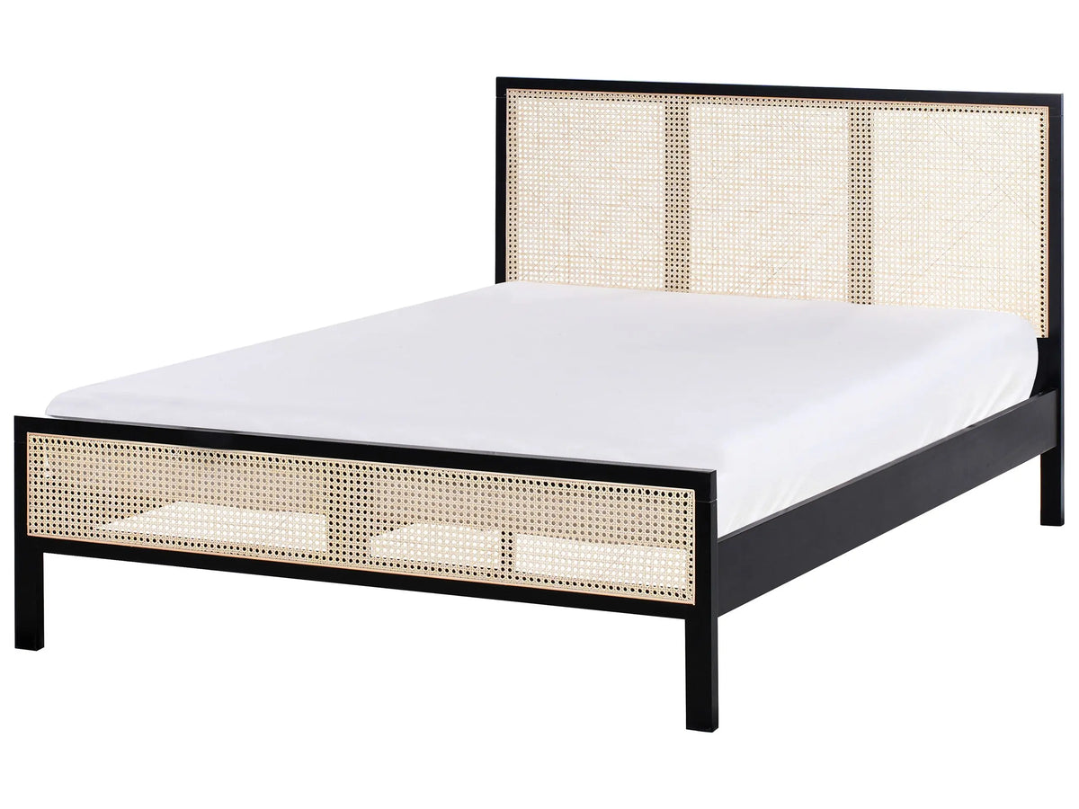 Bed Black Pine Wood EU Double Size 4ft6 with Headboard Viennese Braid Slatted Base Minimalistic Rustic Style Beliani