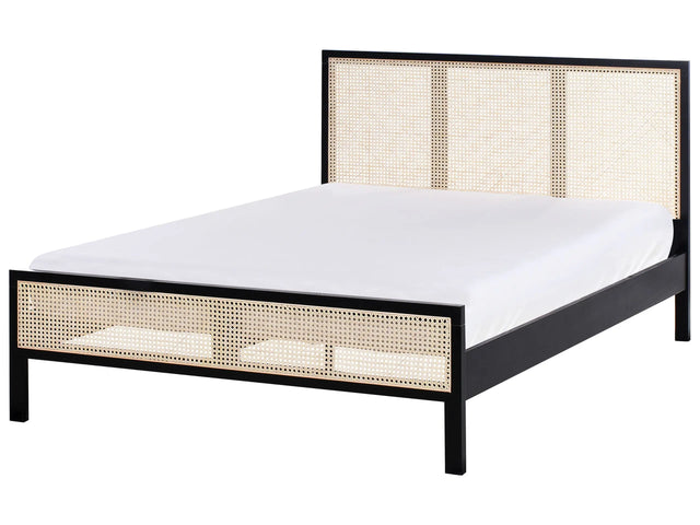 Bed Black Pine Wood EU Double Size 4ft6 with Headboard Viennese Braid Slatted Base Minimalistic Rustic Style Beliani