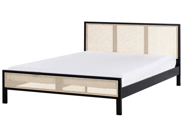 Bed Black Pine Wood EU King Size 5ft3 with Headboard Viennese Braid Slatted Base Minimalistic Rustic Style Beliani