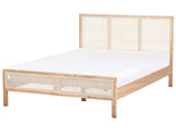 Bed Light Brown Pine Wood EU Double Size 4ft6 with Headboard Viennese Braid Slatted Base Minimalistic Rustic Style Beliani